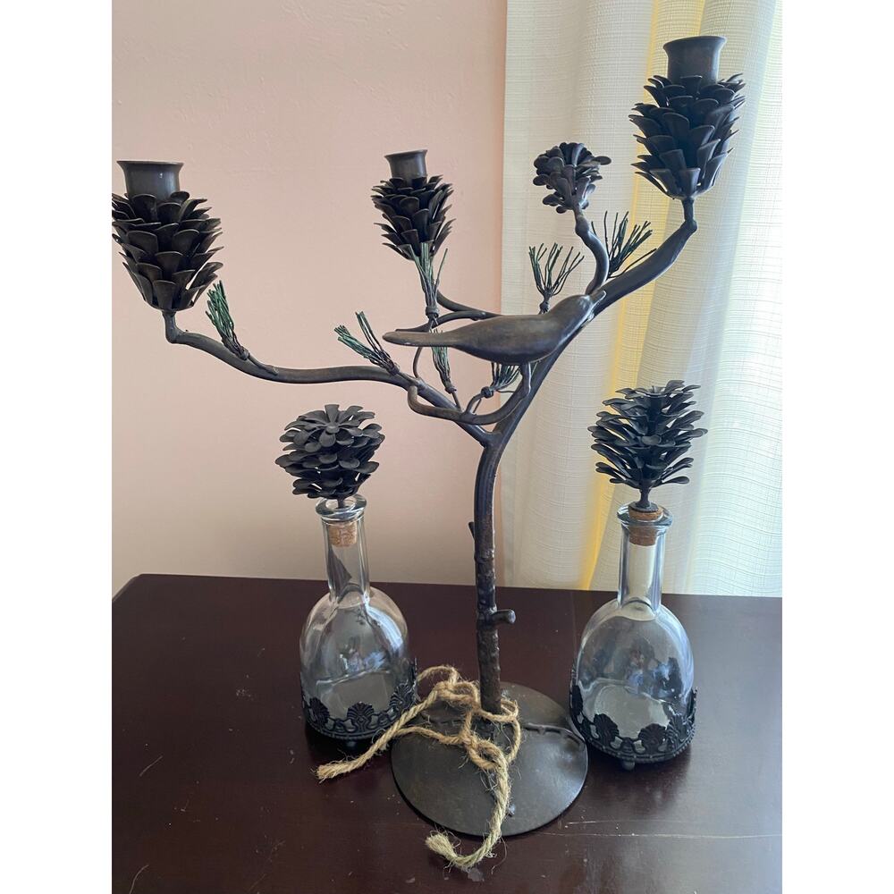 rustic bronze Christmas metal candelabra tree perched bird pinecone candle hold